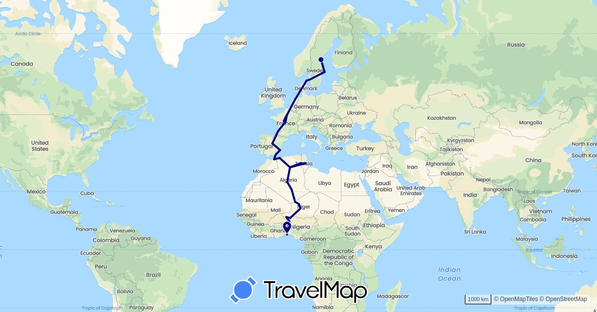TravelMap itinerary: driving in Benin, Denmark, Algeria, Spain, France, Niger, Sweden, Tunisia (Africa, Europe)