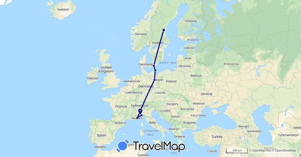 TravelMap itinerary: driving in Germany, France, Italy, Sweden (Europe)